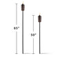 Two TIKI® torches with flames, shown at 65" and 50" heights, on white background for size comparison.