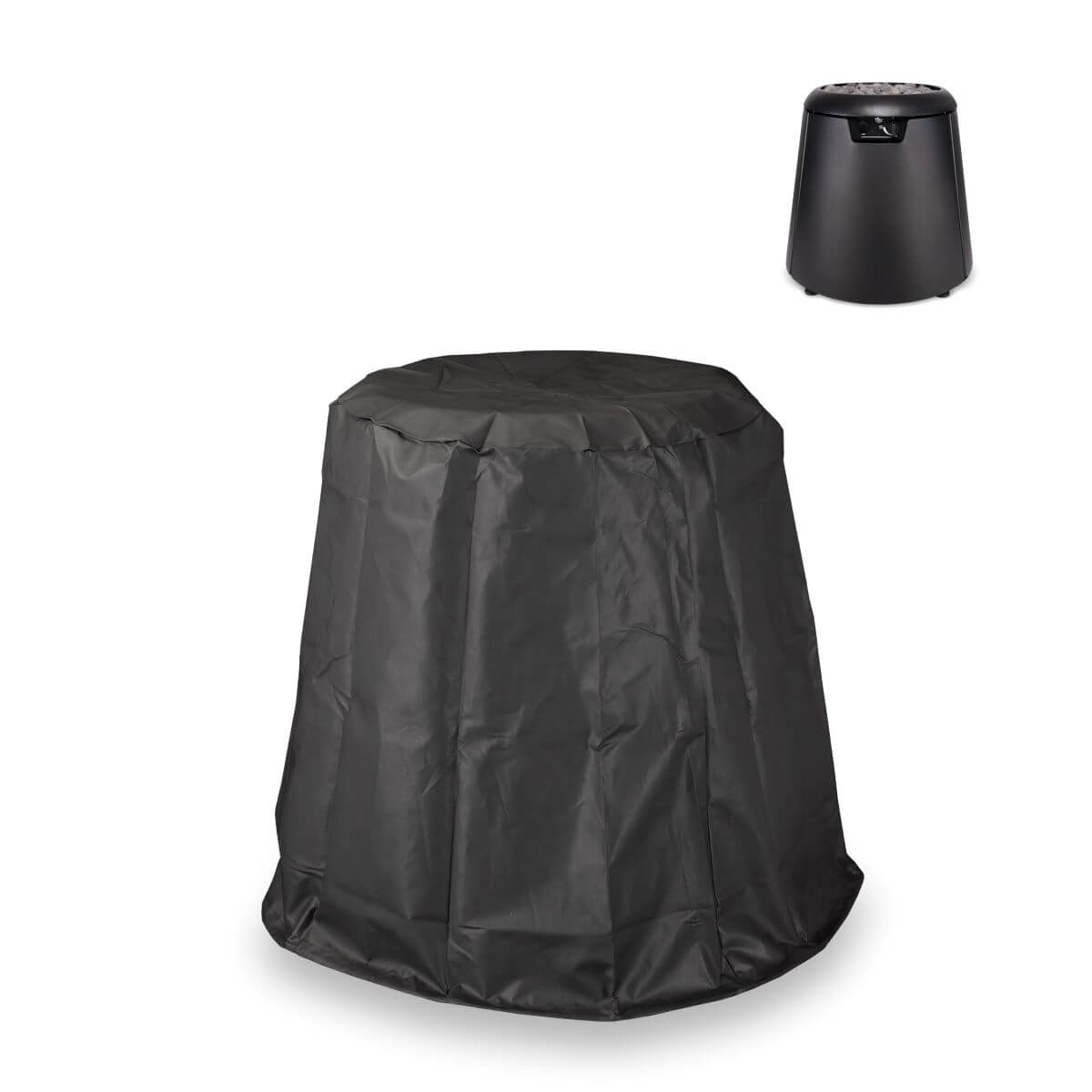 Black protective cover for TIKI® fire pit, shown with fire pit in upper right corner. Keeps fire pit safe from weather.