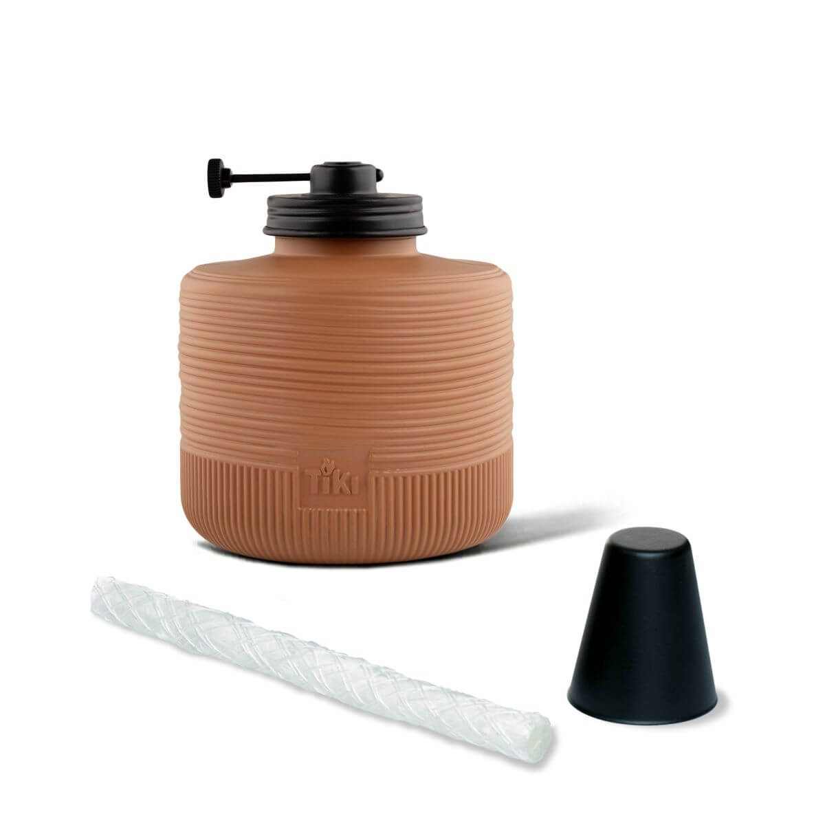 Brown ribbed oil canister with black cap, wick, and funnel; Tiki brand for outdoor torch use.