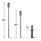 Three TIKI® torches shown at 65", 50", and 9" heights, each lit, for outdoor lighting options.