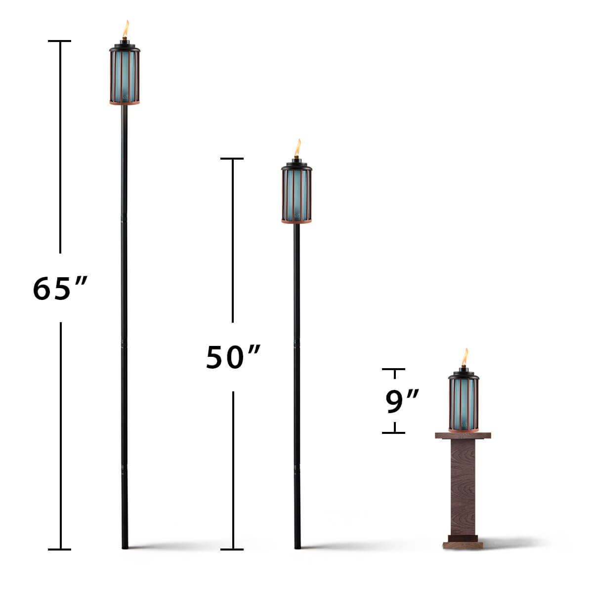 Three TIKI® torches shown at 65", 50", and 9" heights, each lit, for outdoor lighting options.