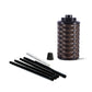 Brown woven TIKI torch base, black pole sections, wick, and snuffer cap displayed on a white background.