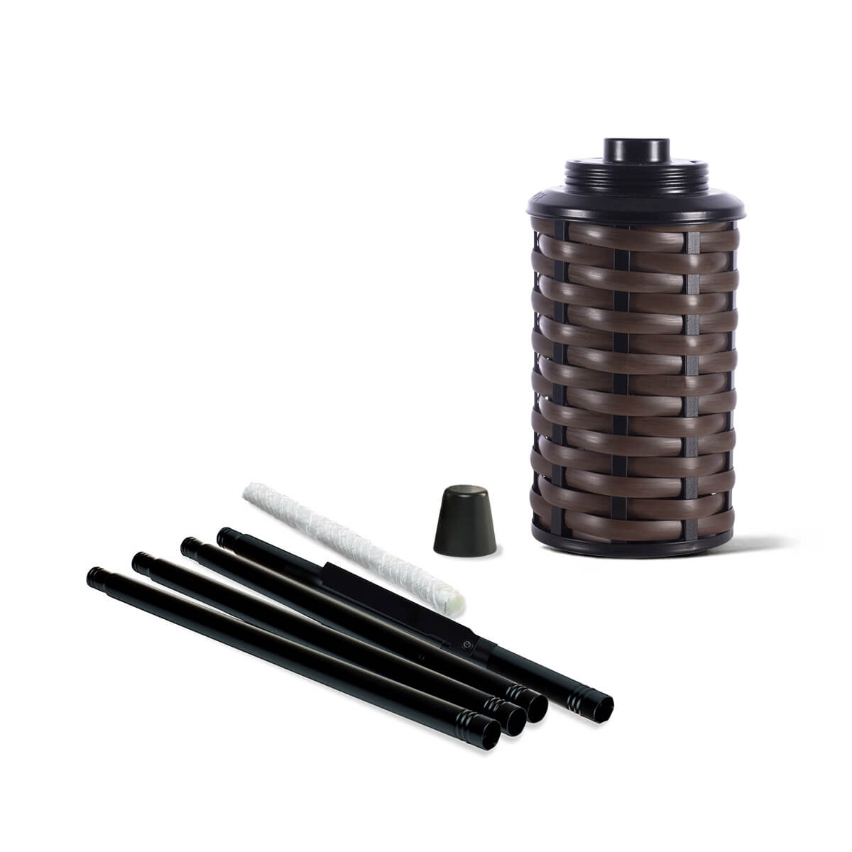Brown woven TIKI torch base, black pole sections, wick, and snuffer cap displayed on a white background.