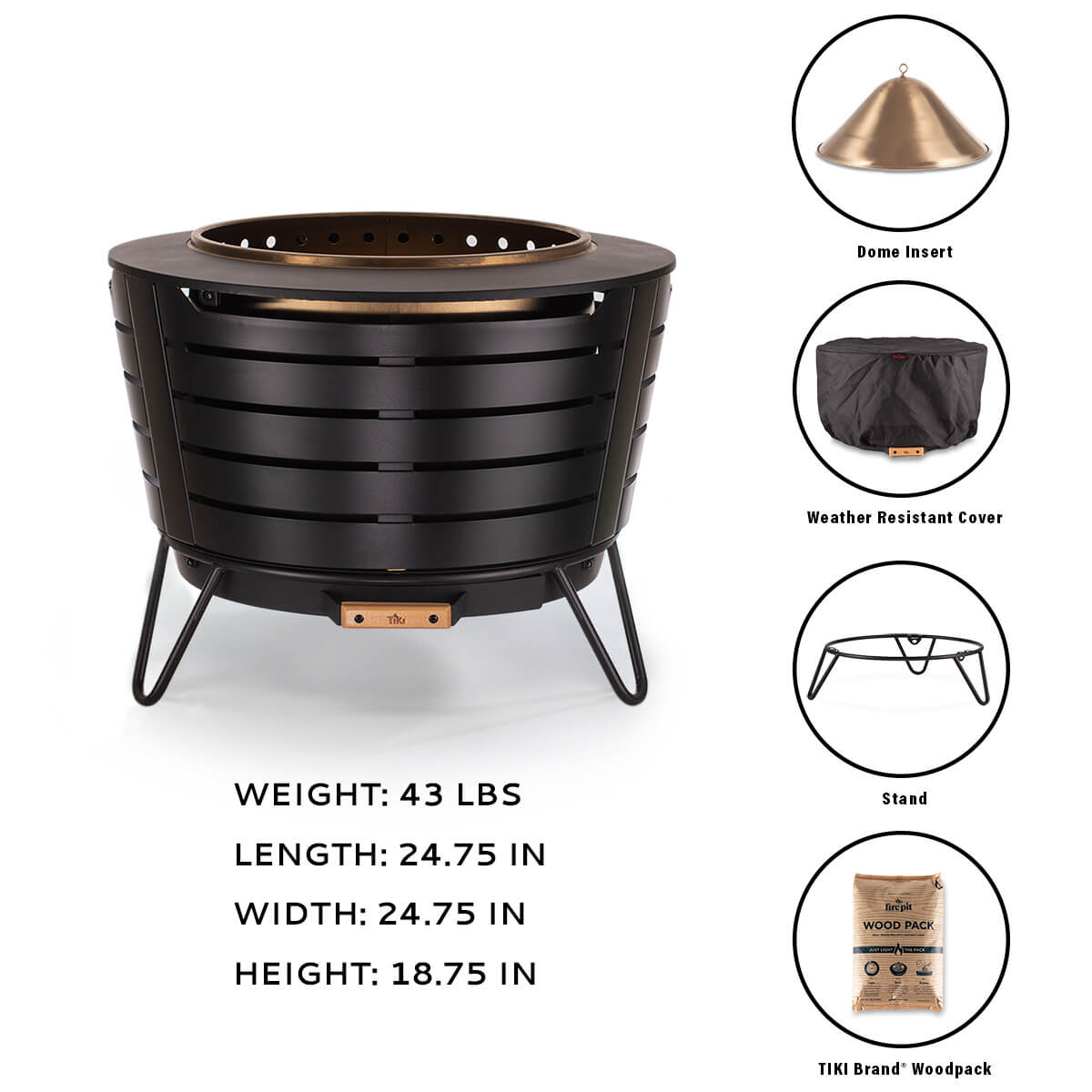 TIKI fire pit kit with dome insert, weather-resistant cover, stand, and wood pack; 24.75"x24.75"x18.75", 43 lbs.