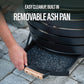Black fire pit with a built-in removable ash pan for easy cleanup. Wooden handle for accessible grip.