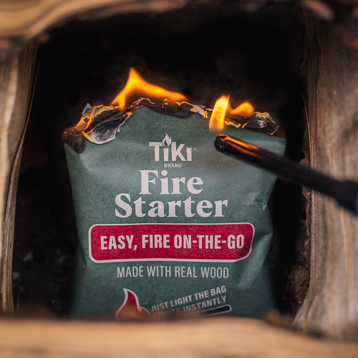 Green Tiki Brand Fire Starter bag, easy fire-on-the-go, made with real wood.