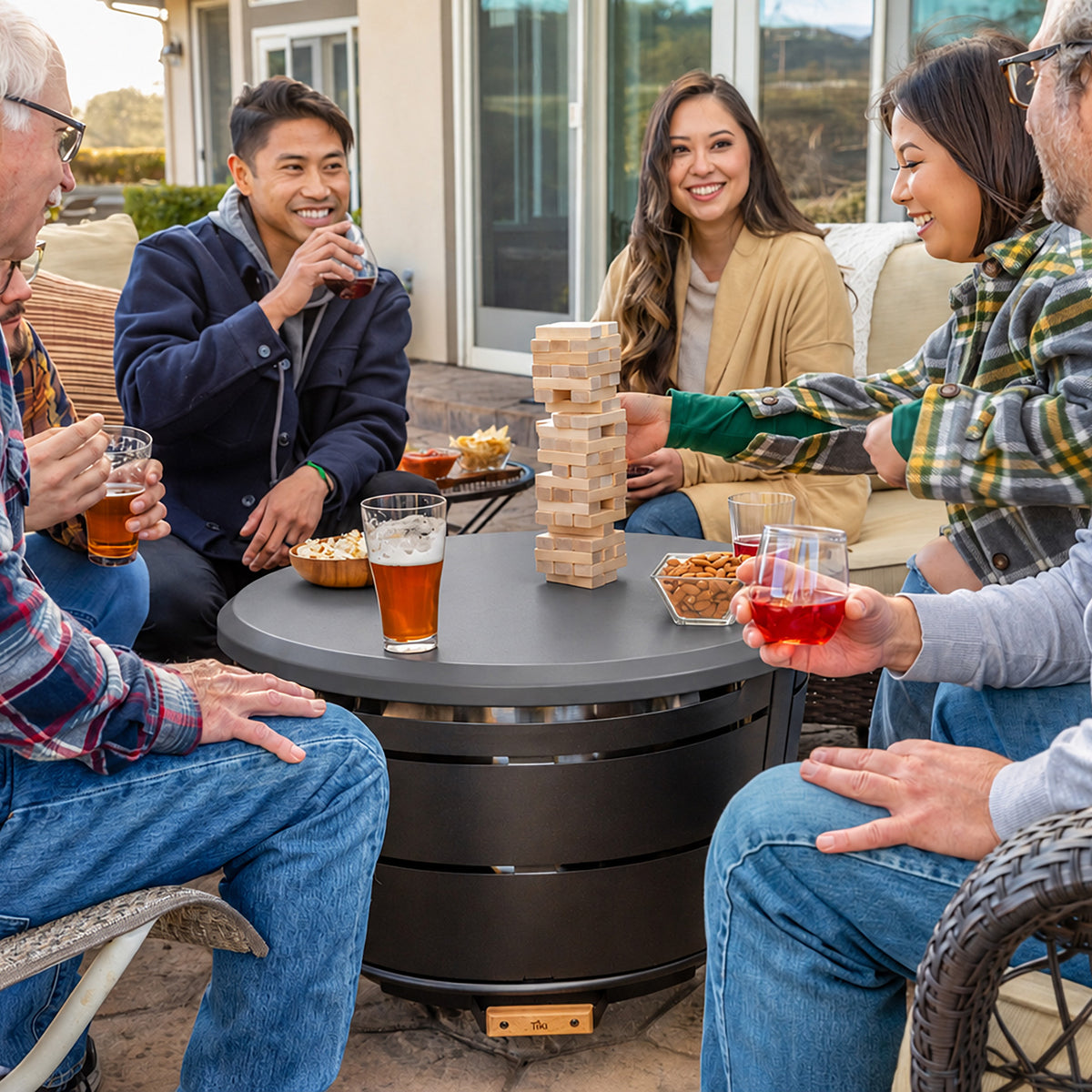 TIKI Brand Reunion Tabletop Cover gray in use, covering fire pit while people play a stacking block game