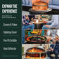 TIKI Brand Reunion Smokeless Fire Pit with accessories, shown in use with screen, tabletop cover, griddle, and heat deflector