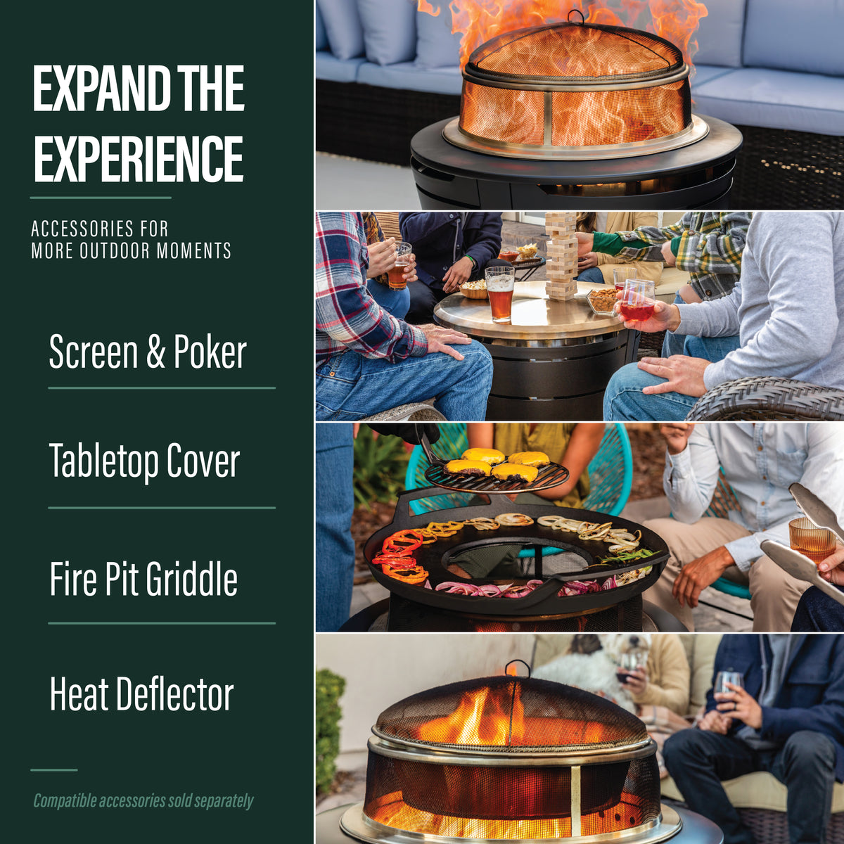 TIKI Brand Reunion Smokeless Fire Pit with accessories, shown in use with screen, tabletop cover, griddle, and heat deflector