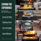 Outdoor fire pit with mesh screen, tabletop cover, griddle, and heat deflector. Accessories shown in use.