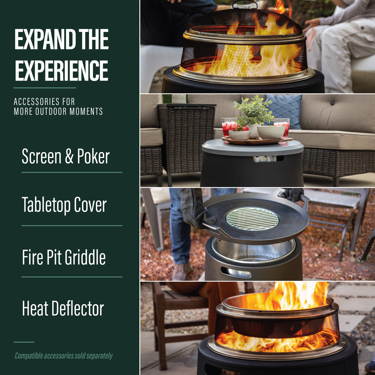 Outdoor fire pit with mesh screen, tabletop cover, griddle, and heat deflector. Accessories shown in use.