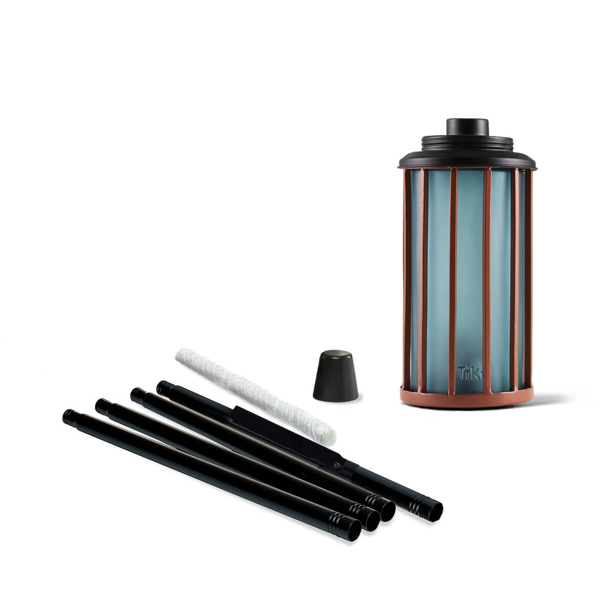 TIKI Brand torch kit with metal canister, four black poles, wick, and snuffer cap, shown disassembled on white background.