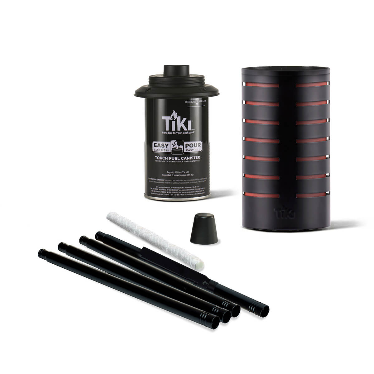 TIKI Brand torch kit with black metal torch, fuel canister, wick, snuffer cap, and pole sections for outdoor use.