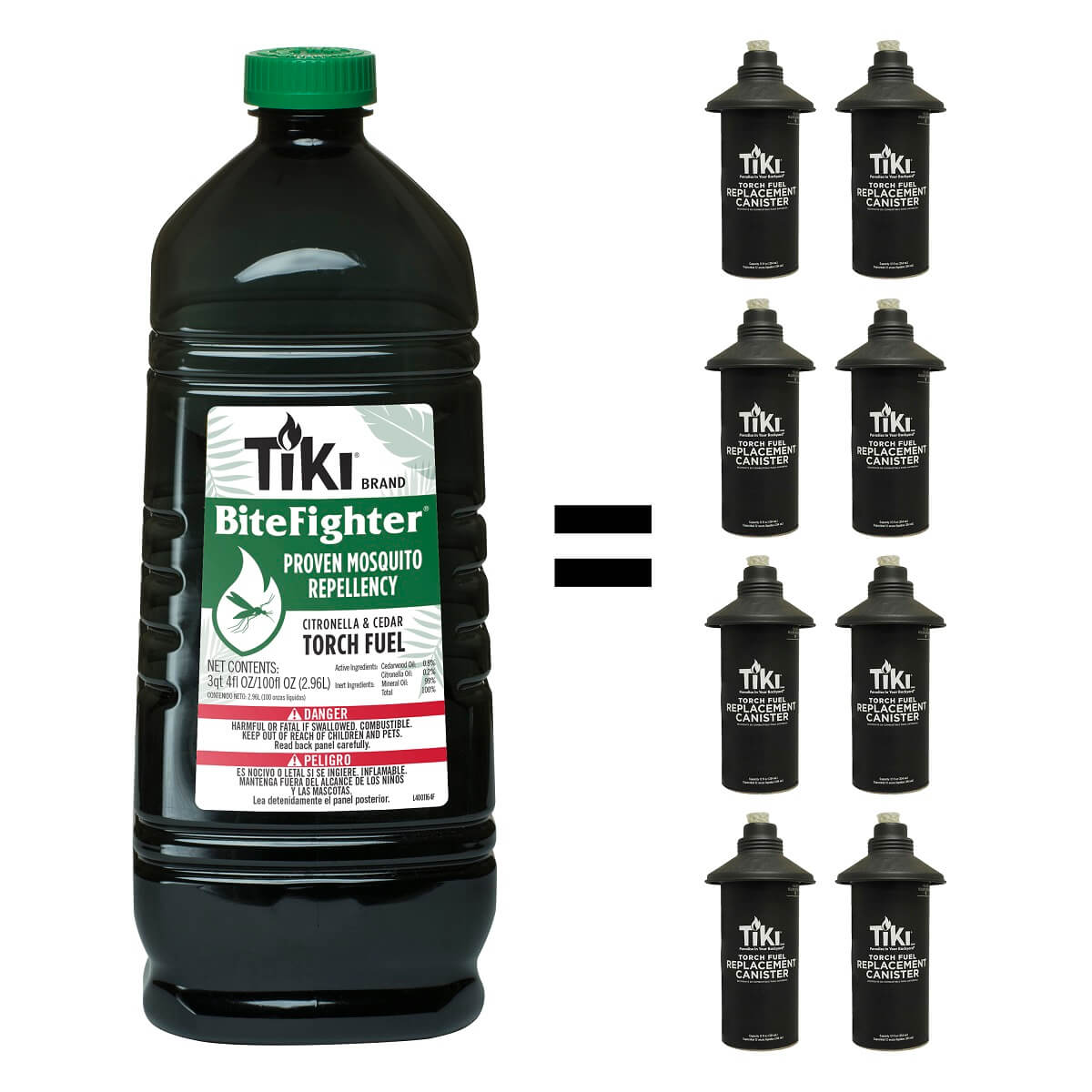 One bottle of TIKI BiteFighter Torch Fuel fills six TIKI replacement torch canisters; proven mosquito repellency.