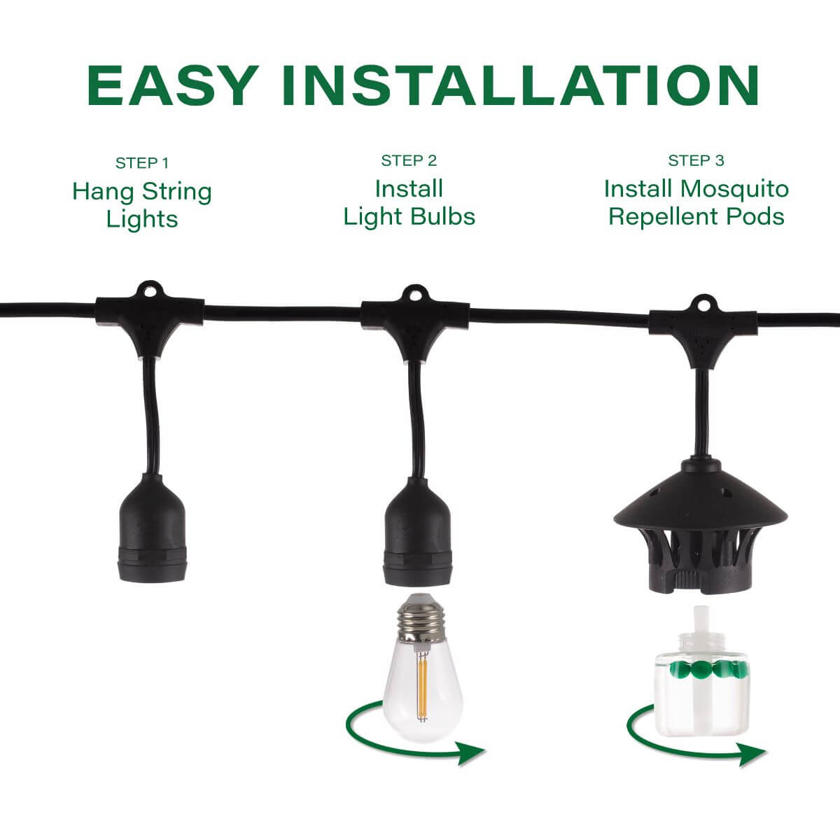 Three-step guide: Hang string lights, install bulbs, and add mosquito repellent pods for easy outdoor setup.