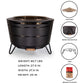 Large black TIKI® fire pit with dome insert, weather-resistant cover, stand, and fire starter. Dimensions: 27.5"x27.5"x20".
