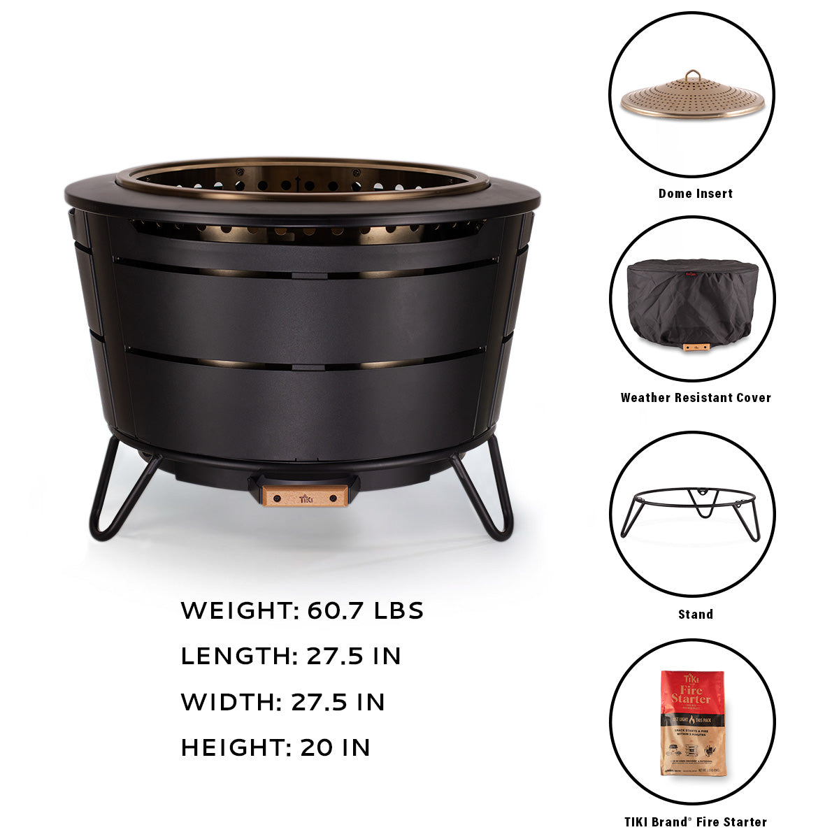 Large black TIKI® fire pit with dome insert, weather-resistant cover, stand, and fire starter. Dimensions: 27.5"x27.5"x20".
