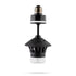 Black hanging bug trap with a screw-in bulb base, vented top, and clear container for catching insects.