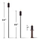 Three TIKI torches shown at 64", 49", and 7" heights, each lit, for outdoor or tabletop use.
