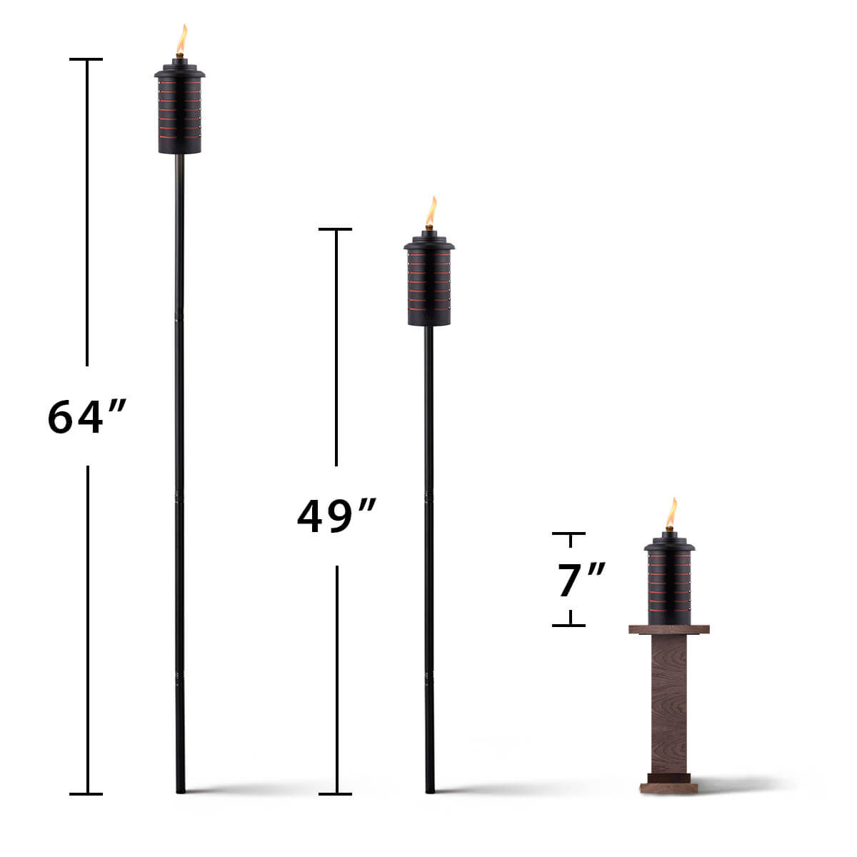 Three TIKI torches shown at 64", 49", and 7" heights, each lit, for outdoor or tabletop use.