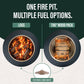 Round fire pit with reversible dome insert, shown with logs or TIKI® Wood Pack fuel options.