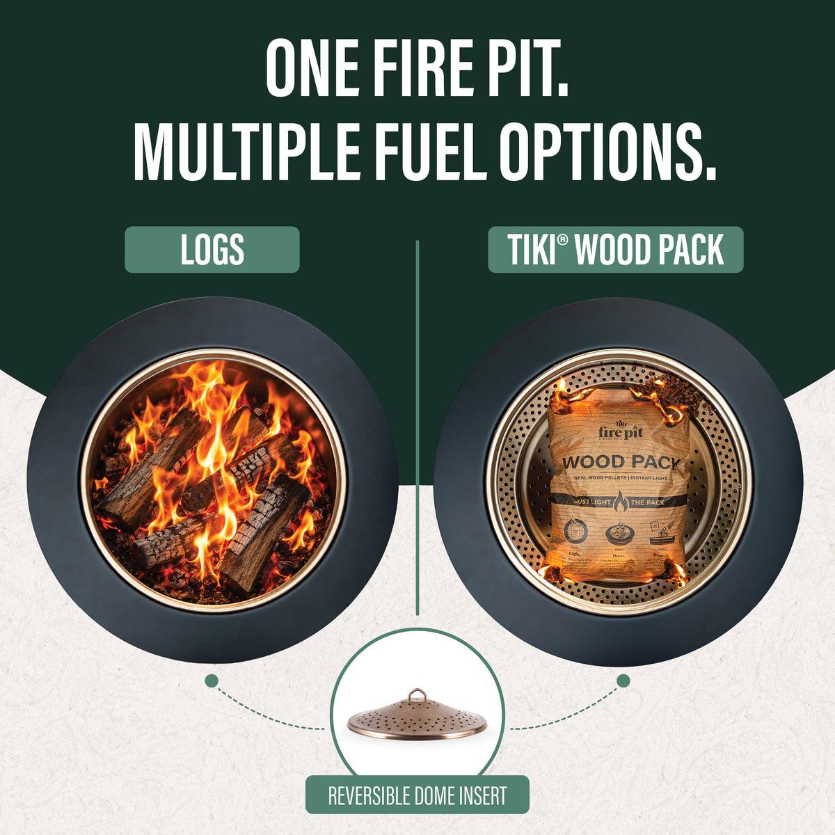 Round fire pit with reversible dome insert, shown with logs or TIKI® Wood Pack fuel options.