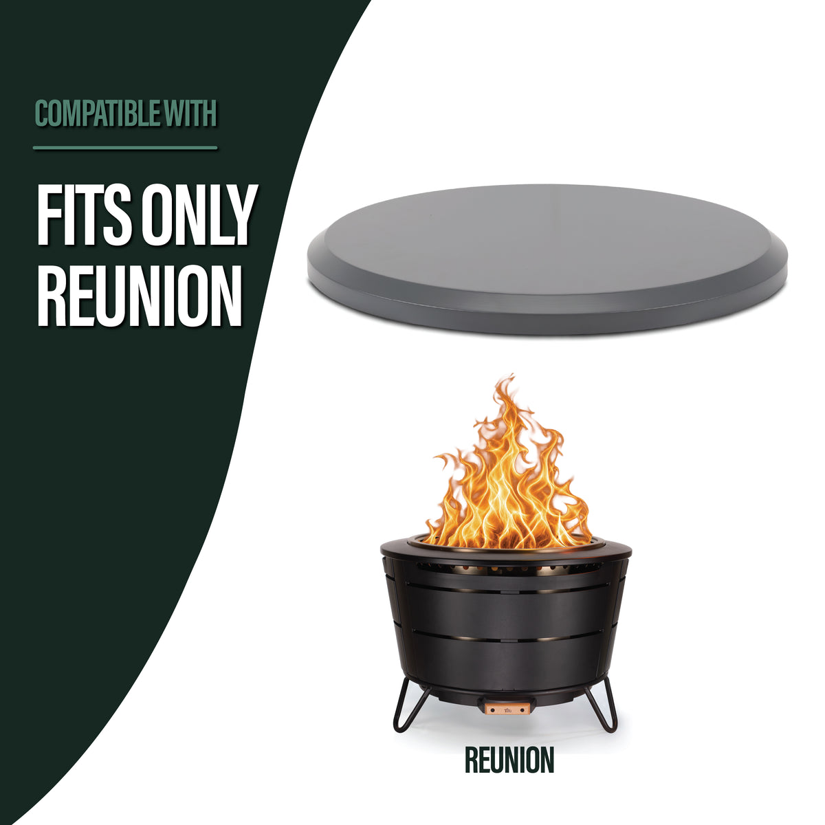 TIKI Brand Reunion Tabletop Cover gray top view with Reunion fire pit shown for compatibility
